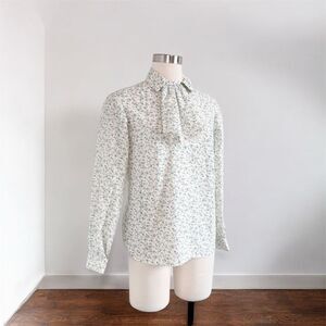 Vintage Ditsy Floral White Secretary Blouse Neck Tie Ruffle Small